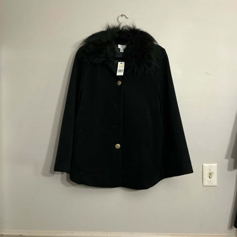 Crown & Ivy Black Faux Fur Collar Cape Coat Size S